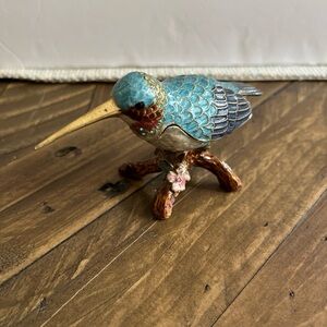Vintage Enamel Rhinestone Hummingbird Red Throated Hinged Trinket Box Flower
